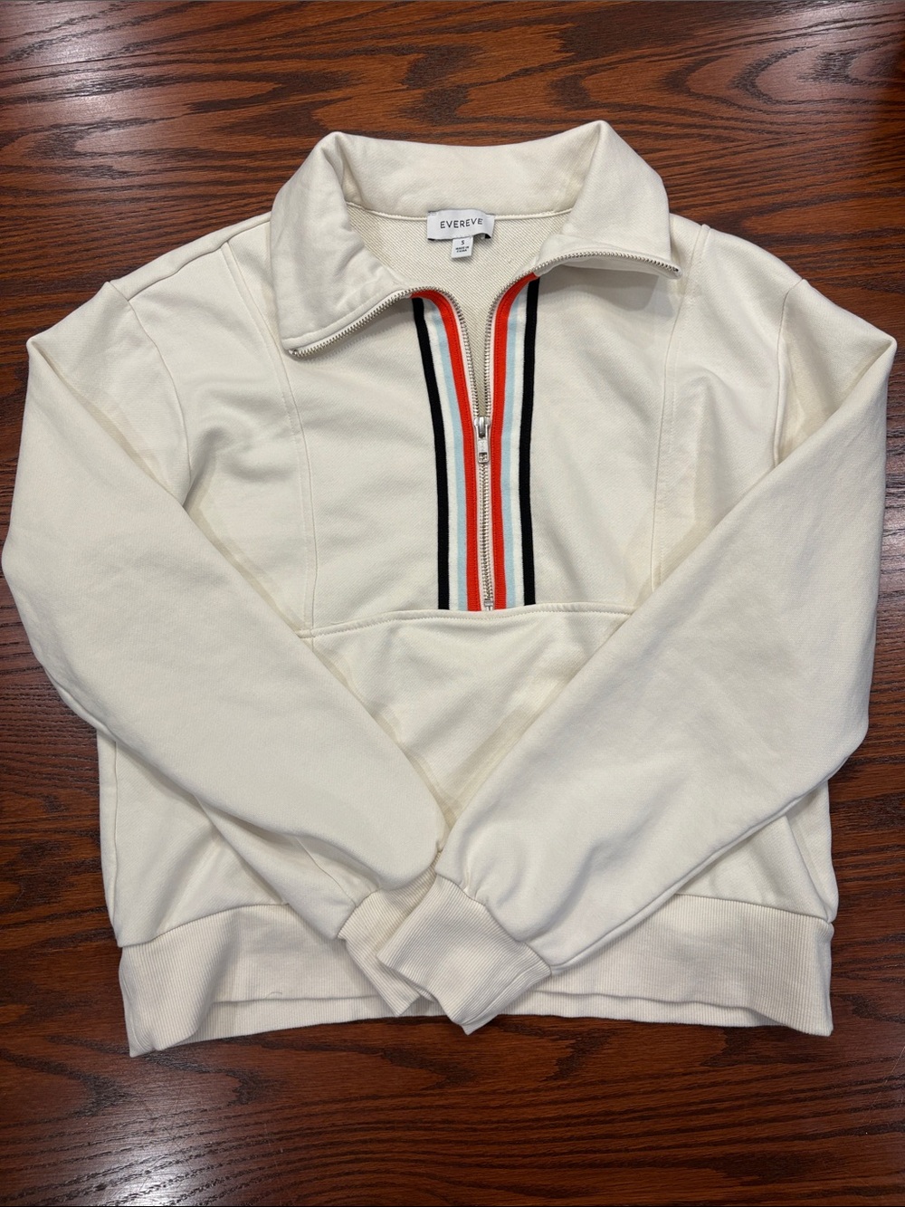 Evereve Cream Half-Zip Sweater with Red, Black & Blue Stripe Trim